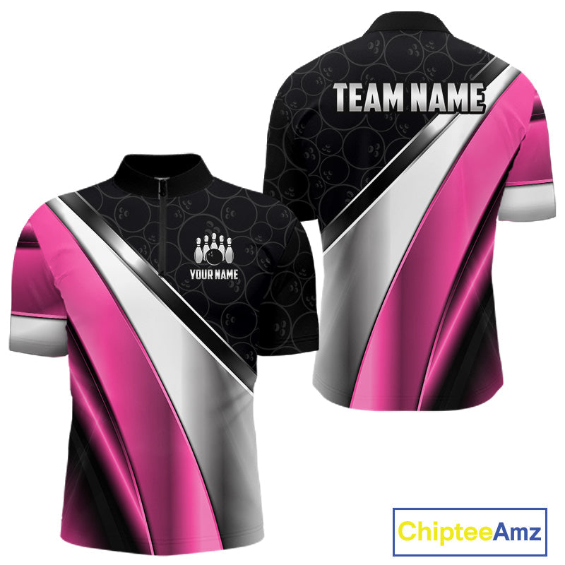 Custom Pink, Black And Silver Bowling Shirt Bowling League Jersey Bowling Tournament Shirt
