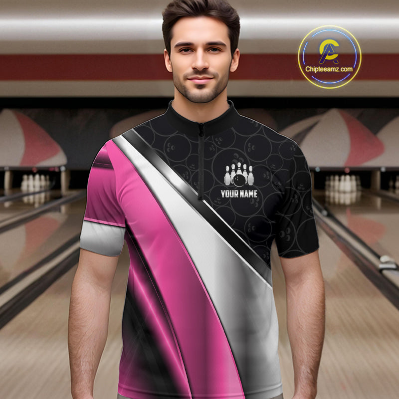 Custom Pink, Black And Silver Bowling Shirt Bowling League Jersey Bowling Tournament Shirt