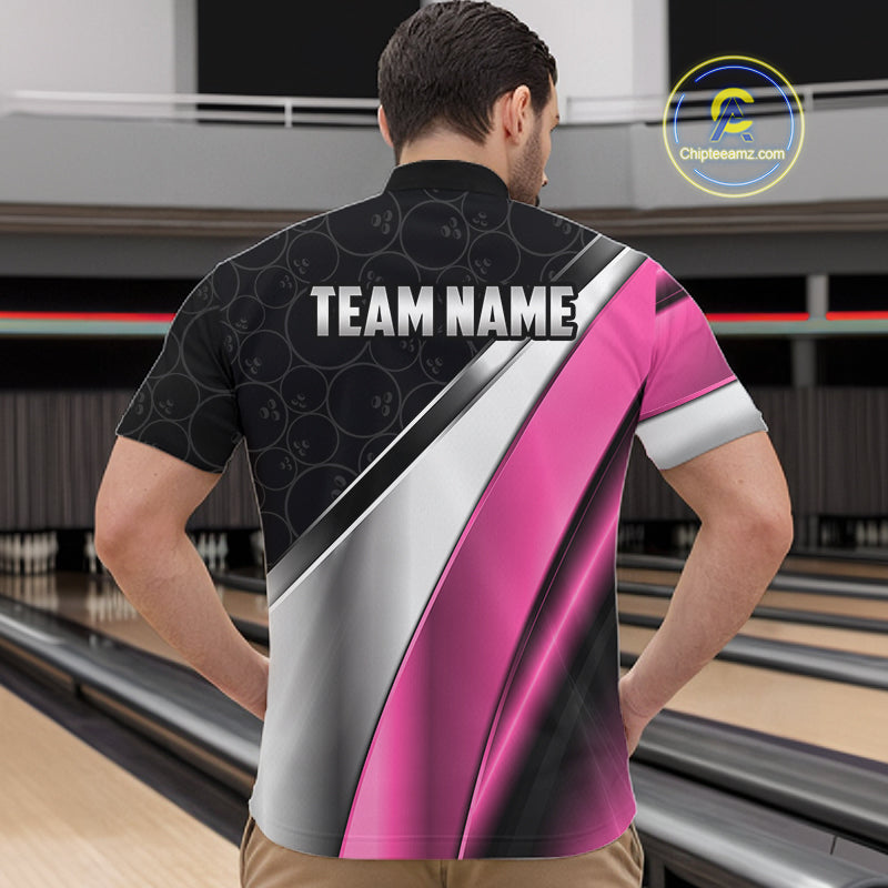 Custom Pink, Black And Silver Bowling Shirt Bowling League Jersey Bowling Tournament Shirt