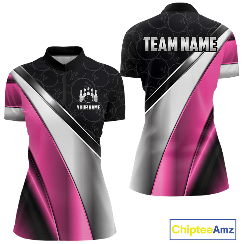 Custom Pink, Black And Silver Bowling Shirt Bowling League Jersey Bowling Tournament Shirt
