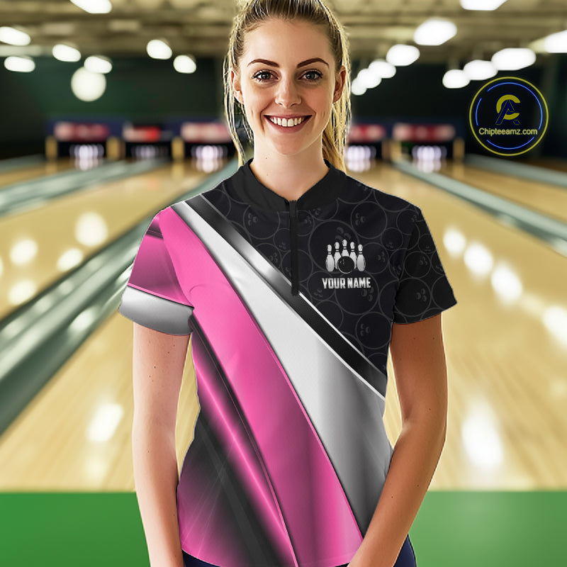 Custom Pink, Black And Silver Bowling Shirt Bowling League Jersey Bowling Tournament Shirt