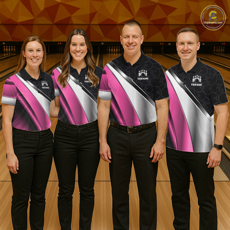 Custom Pink, Black And Silver Bowling Shirt Bowling League Jersey Bowling Tournament Shirt