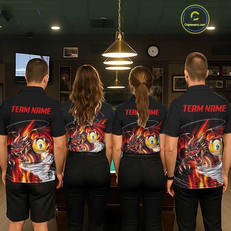 Black And Red 8 Ball 9 Ball Flaming Dragon Billiard Shirts Custom Tornado Pool Team Jersey