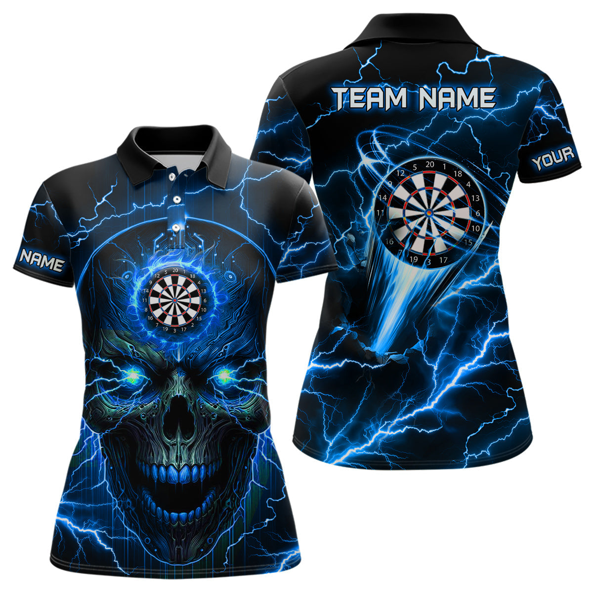 Personalized Blue Darts Skull Polo Shirts Custom Lightning Thunder Team League Darts Jersey