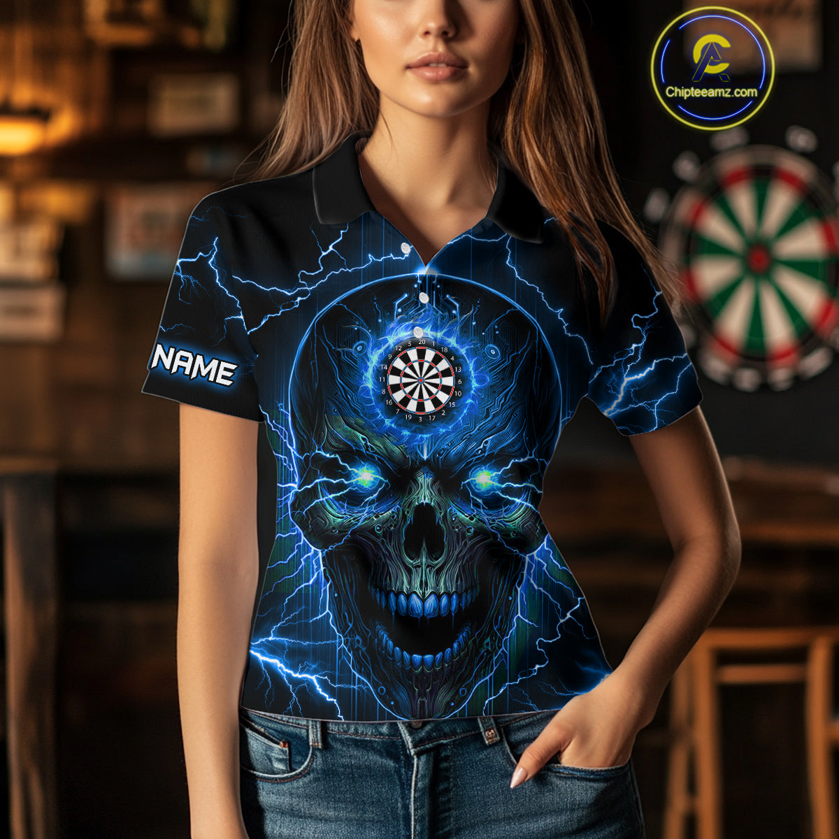 Personalized Blue Darts Skull Polo Shirts Custom Lightning Thunder Team League Darts Jersey