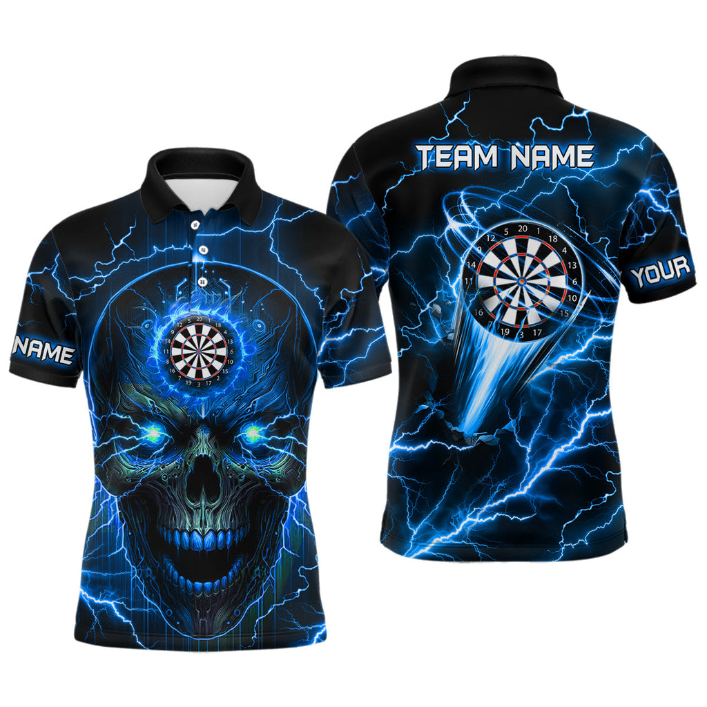 Personalized Blue Darts Skull Polo Shirts Custom Lightning Thunder Team League Darts Jersey