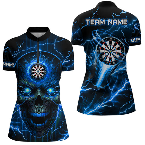 Blue Darts Skull Quarter-Zip Shirt Custom Lightning Thunder Team League Darts Jersey