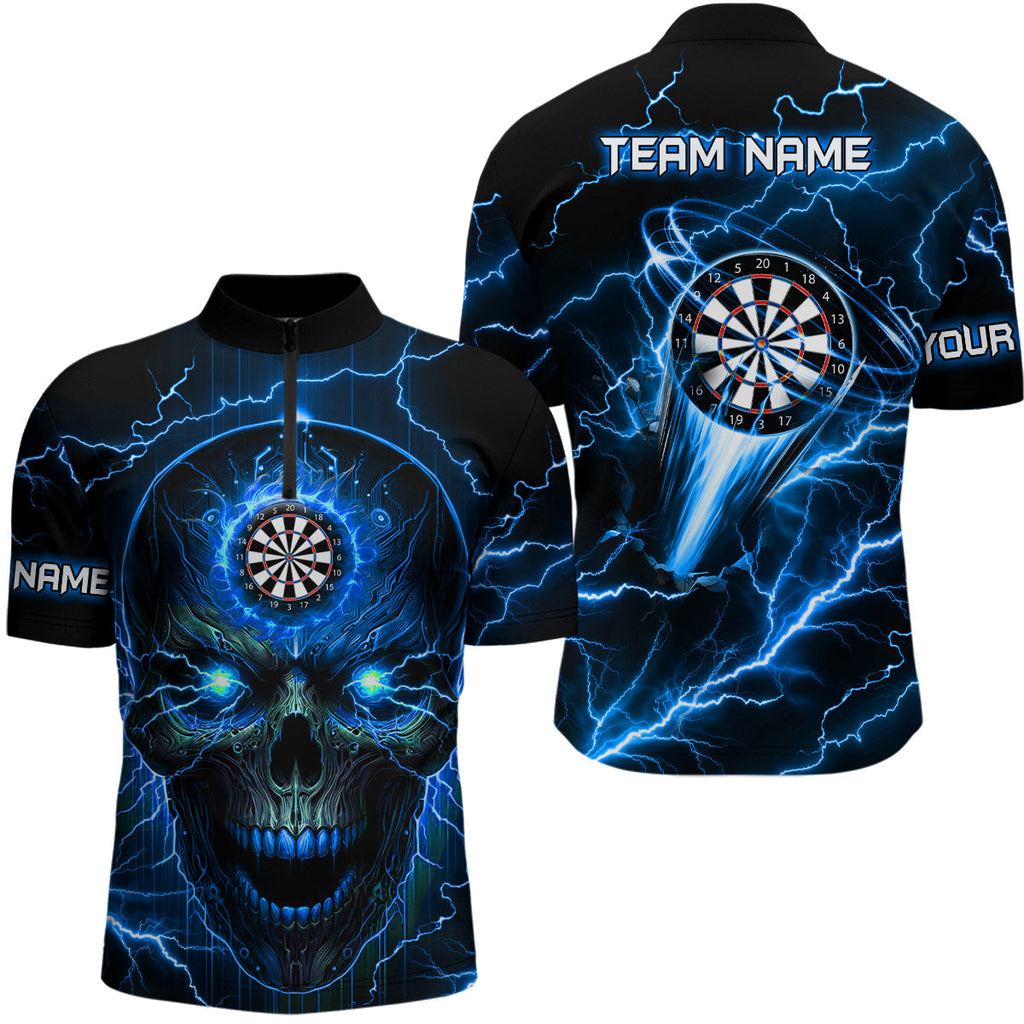 Blue Darts Skull Quarter-Zip Shirt Custom Lightning Thunder Team League Darts Jersey