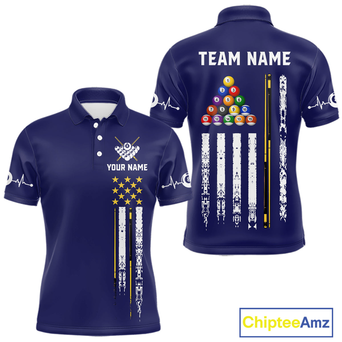 Customized Navy Blue American Flag Billiard Shirt, 8 Ball Pool Team Jersey Polo & 1/4 Zip