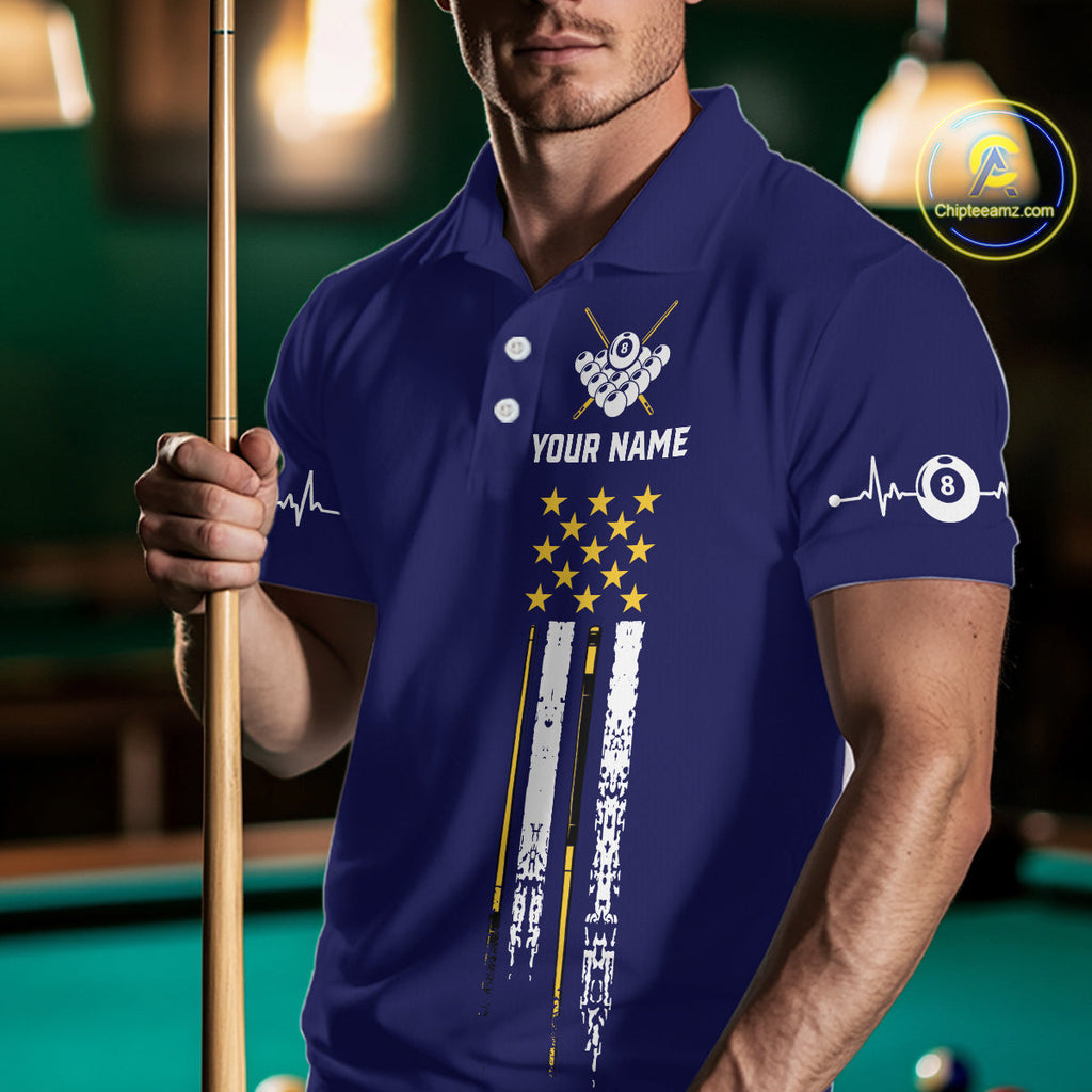 Customized Navy Blue American Flag Billiard Shirt, 8 Ball Pool Team Jersey Polo & 1/4 Zip