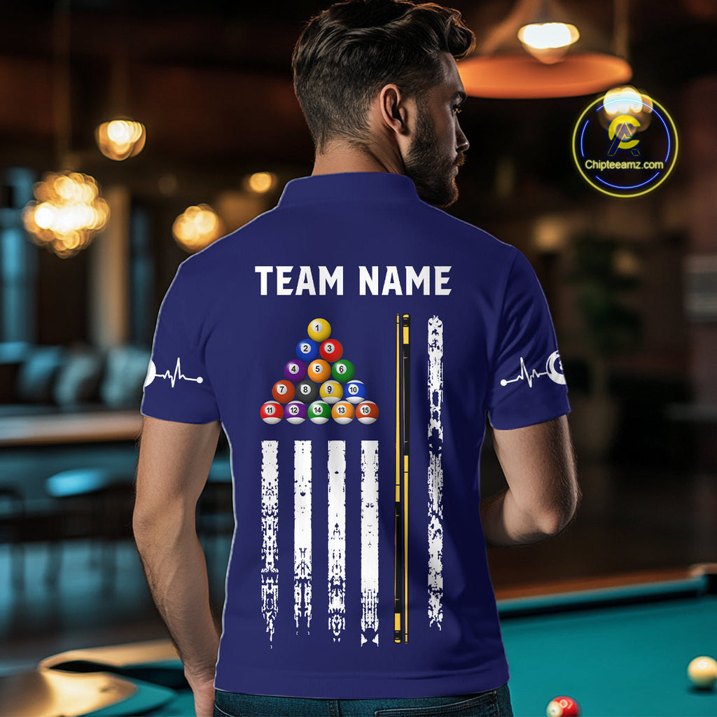 Customized Navy Blue American Flag Billiard Shirt, 8 Ball Pool Team Jersey Polo & 1/4 Zip