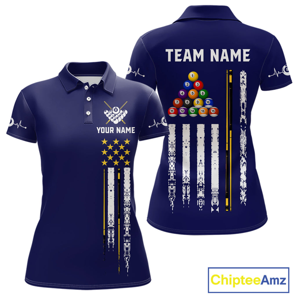 Customized Navy Blue American Flag Billiard Shirt, 8 Ball Pool Team Jersey Polo & 1/4 Zip
