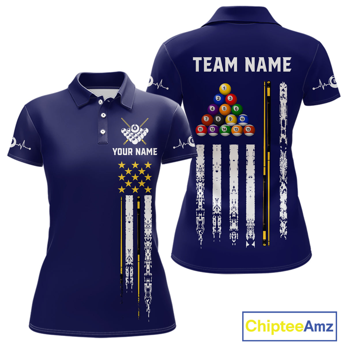 Customized Navy Blue American Flag Billiard Shirt, 8 Ball Pool Team Jersey Polo & 1/4 Zip