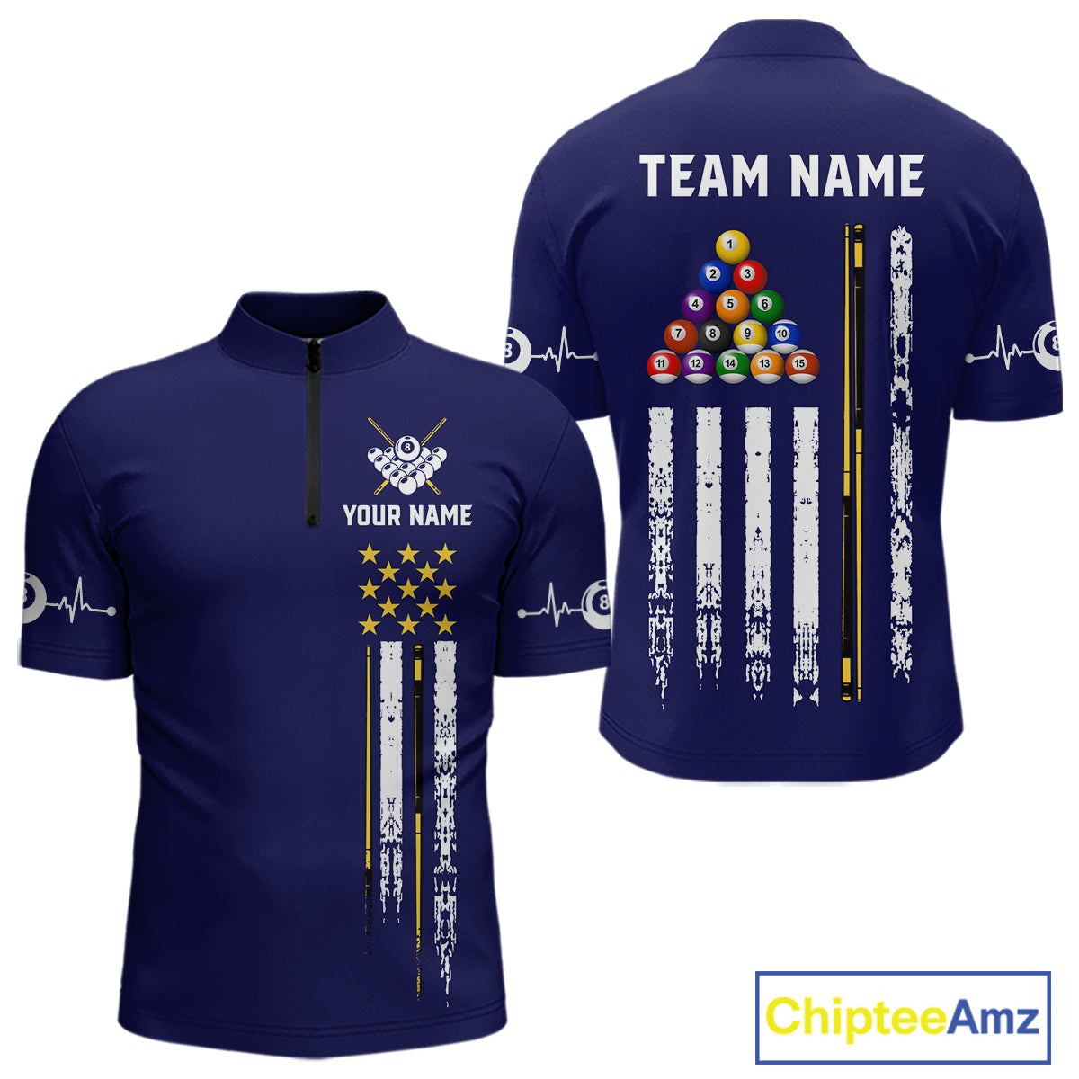 Customized Navy Blue American Flag Billiard Shirt, 8 Ball Pool Team Jersey Polo & 1/4 Zip