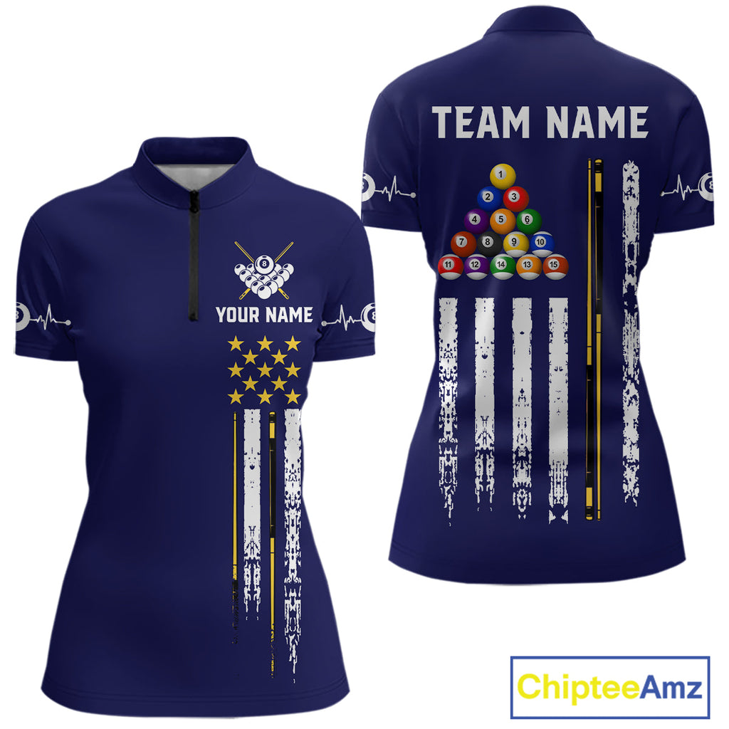 Customized Navy Blue American Flag Billiard Shirt, 8 Ball Pool Team Jersey Polo & 1/4 Zip