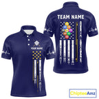 Customized Navy Blue American Flag Billiard Shirt, 9 Ball Pool Team Jersey Polo & 1/4 Zip