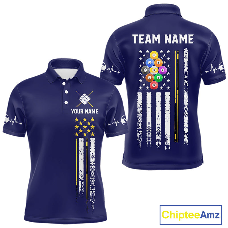 Customized Navy Blue American Flag Billiard Shirt, 9 Ball Pool Team Jersey Polo & 1/4 Zip