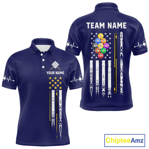 Customized Navy Blue American Flag Billiard Shirt, 9 Ball Pool Team Jersey Polo & 1/4 Zip