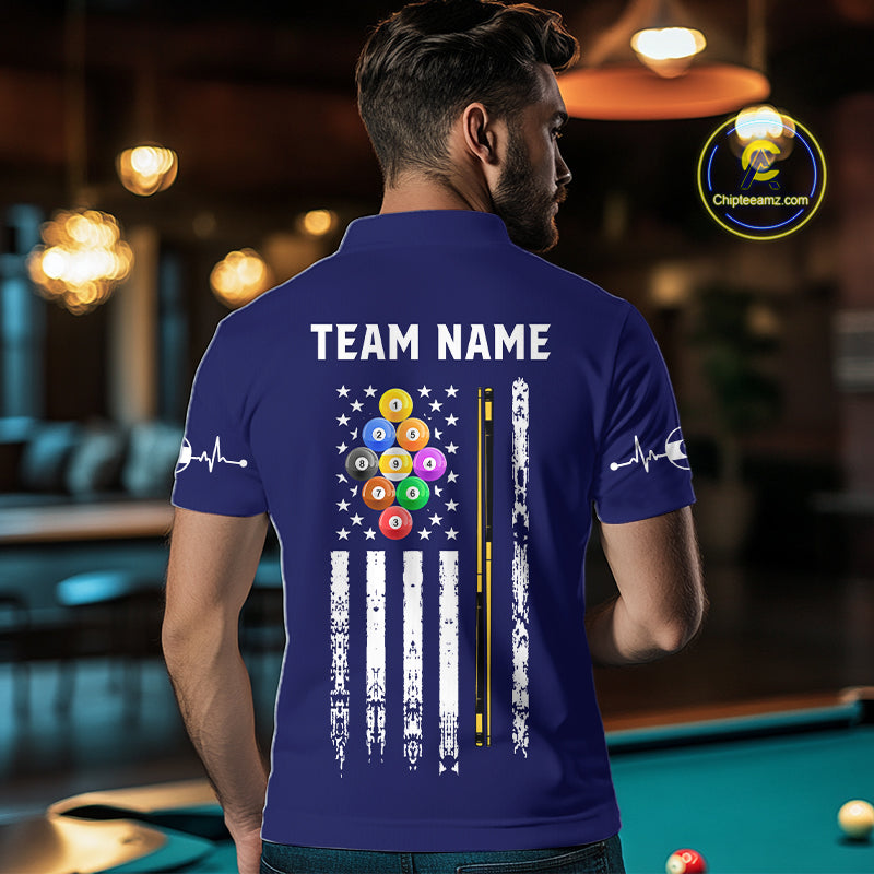 Customized Navy Blue American Flag Billiard Shirt, 9 Ball Pool Team Jersey Polo & 1/4 Zip