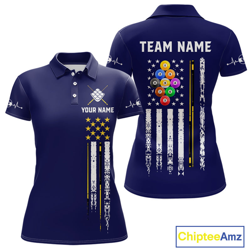 Customized Navy Blue American Flag Billiard Shirt, 9 Ball Pool Team Jersey Polo & 1/4 Zip