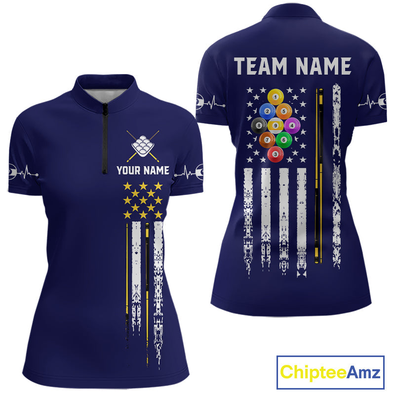 Customized Navy Blue American Flag Billiard Shirt, 9 Ball Pool Team Jersey Polo & 1/4 Zip