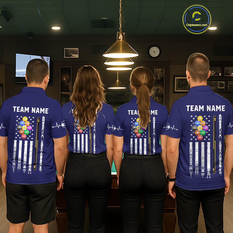 Customized Navy Blue American Flag Billiard Shirt, 9 Ball Pool Team Jersey Polo & 1/4 Zip