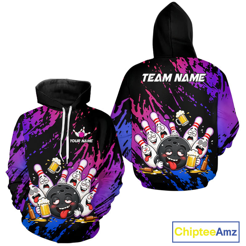 Custom Blue Purple Drunk Bowling Pins Funny Hoodie Bowling Shirts, Beer Bowling Team Jersey