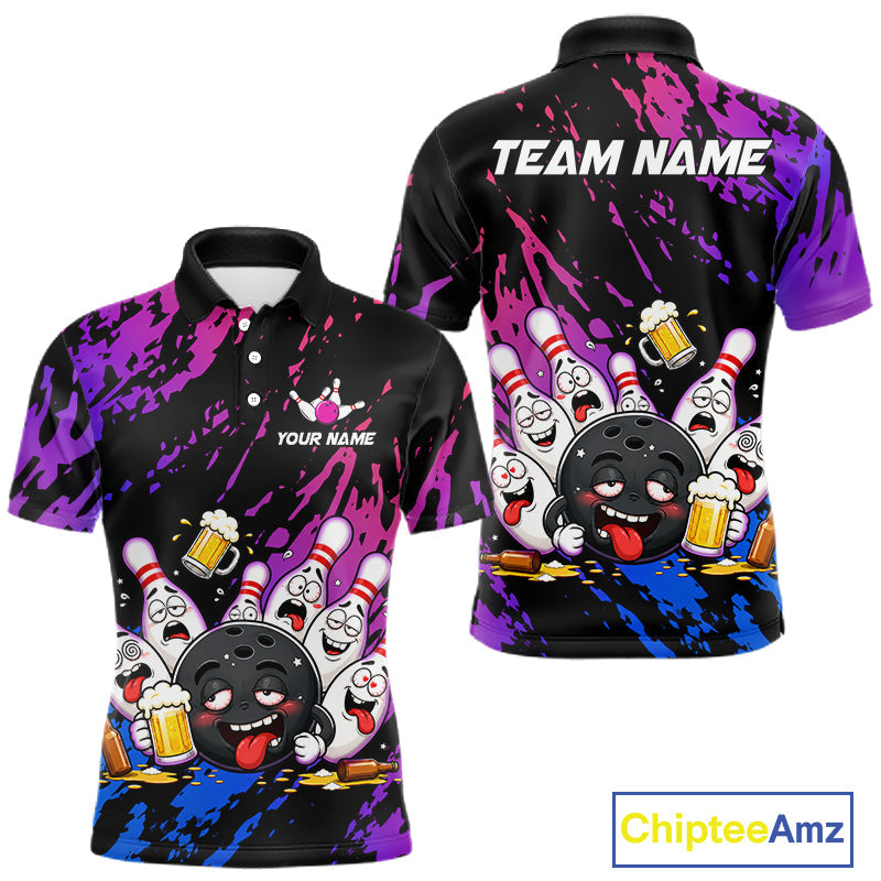 Custom Blue Purple Drunk Bowling Balls And Pins Funny Bowling Shirts, Beer Bowling Jersey