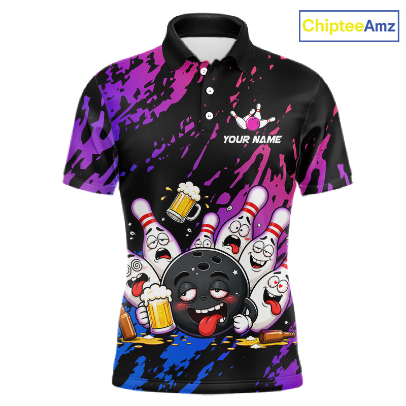 Custom Blue Purple Drunk Bowling Balls And Pins Funny Bowling Shirts, Beer Bowling Jersey