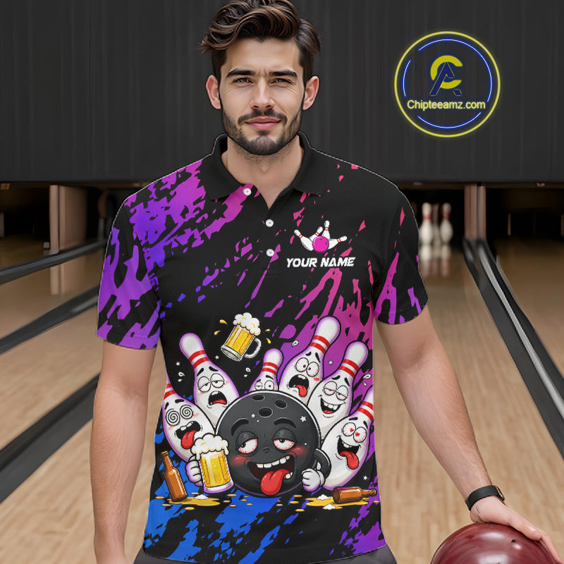 Custom Blue Purple Drunk Bowling Balls And Pins Funny Bowling Shirts, Beer Bowling Jersey