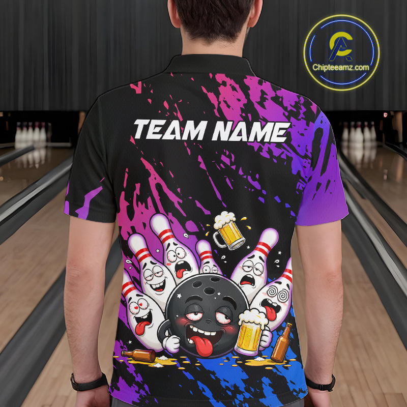 Custom Blue Purple Drunk Bowling Balls And Pins Funny Bowling Shirts, Beer Bowling Jersey