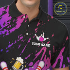 Custom Blue Purple Drunk Bowling Balls And Pins Funny Bowling Shirts, Beer Bowling Jersey