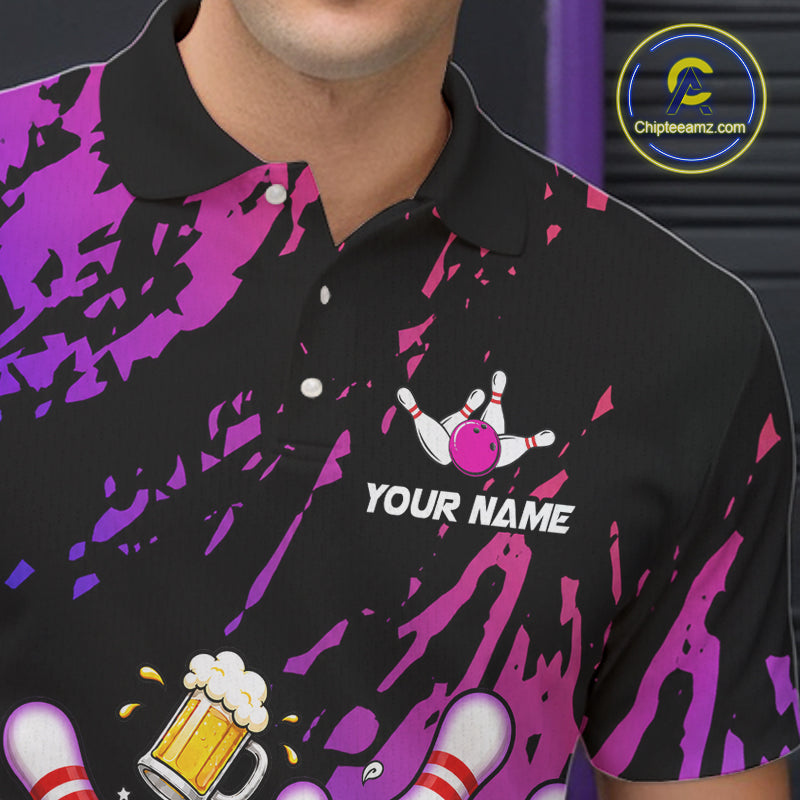 Custom Blue Purple Drunk Bowling Balls And Pins Funny Bowling Shirts, Beer Bowling Jersey