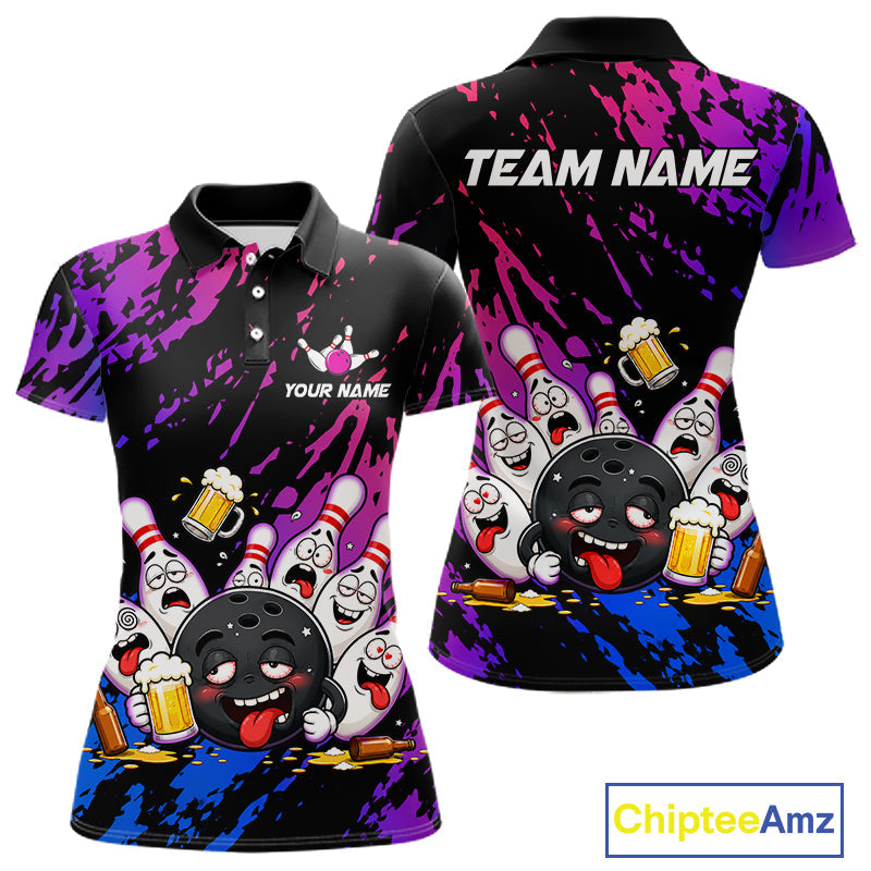 Custom Blue Purple Drunk Bowling Balls And Pins Funny Bowling Shirts, Beer Bowling Jersey