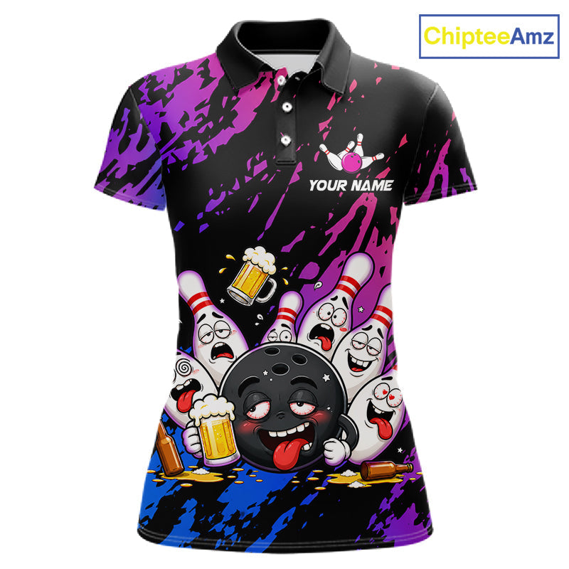 Custom Blue Purple Drunk Bowling Balls And Pins Funny Bowling Shirts, Beer Bowling Jersey