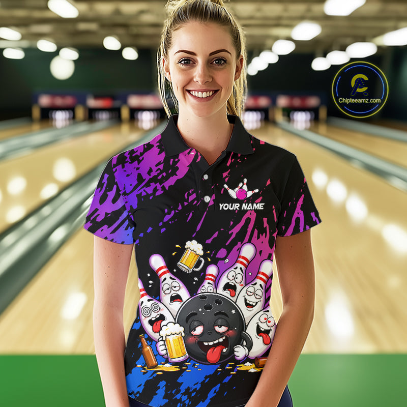Custom Blue Purple Drunk Bowling Balls And Pins Funny Bowling Shirts, Beer Bowling Jersey