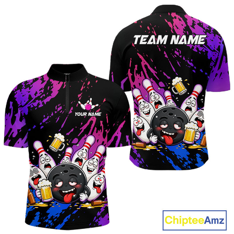 Custom Blue Purple Drunk Bowling Balls And Pins Funny Bowling Shirts, Beer Bowling Jersey