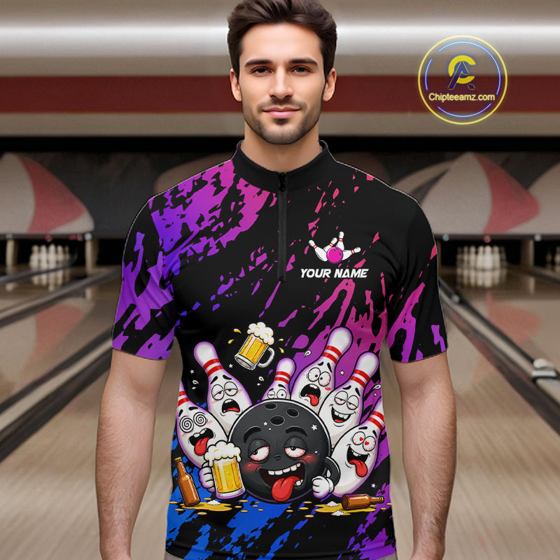 Custom Blue Purple Drunk Bowling Balls And Pins Funny Bowling Shirts, Beer Bowling Jersey