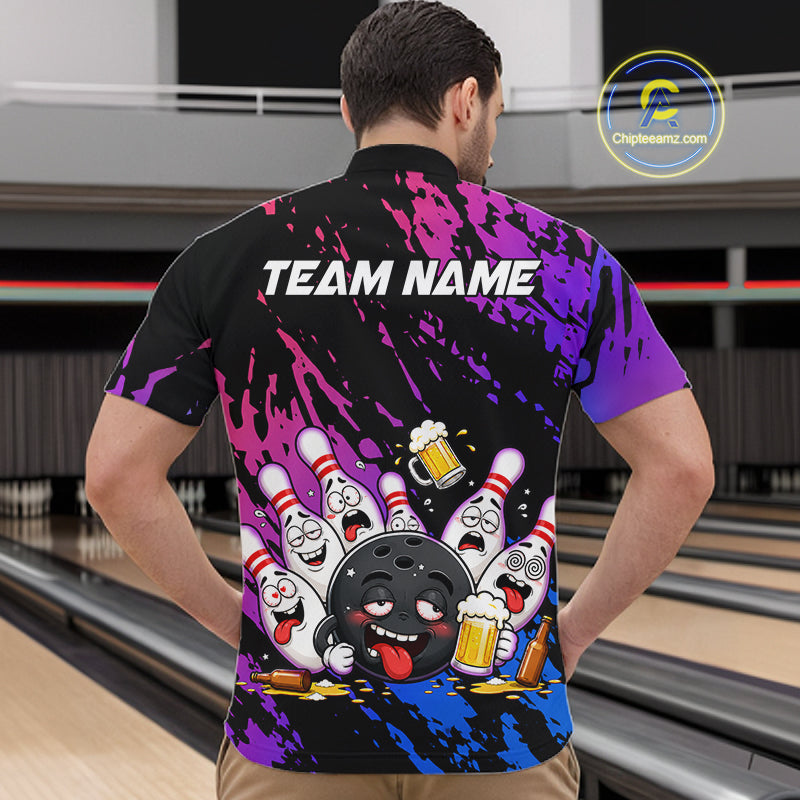 Custom Blue Purple Drunk Bowling Balls And Pins Funny Bowling Shirts, Beer Bowling Jersey