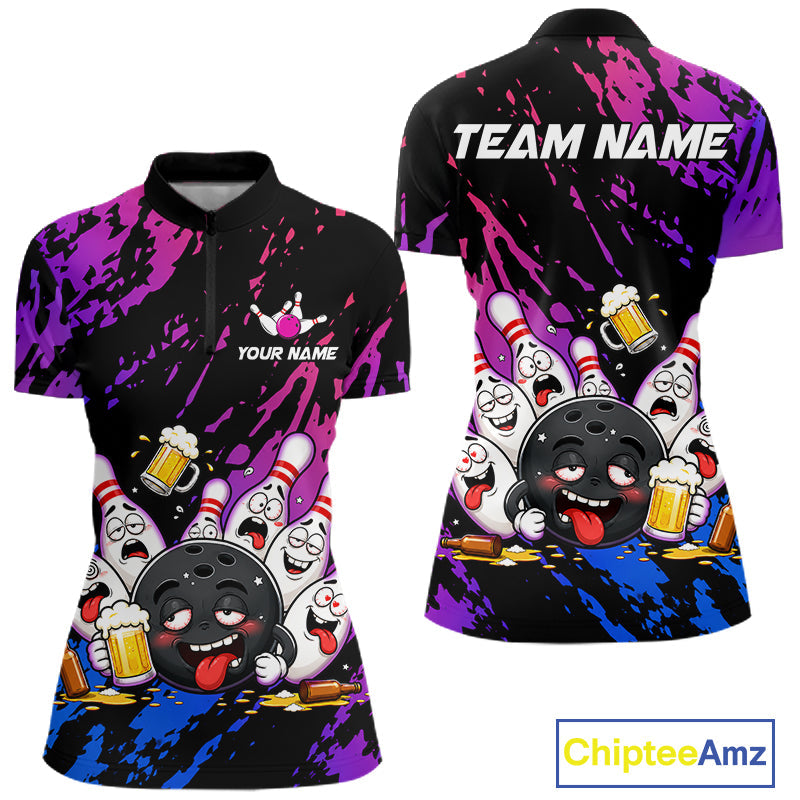 Custom Blue Purple Drunk Bowling Balls And Pins Funny Bowling Shirts, Beer Bowling Jersey
