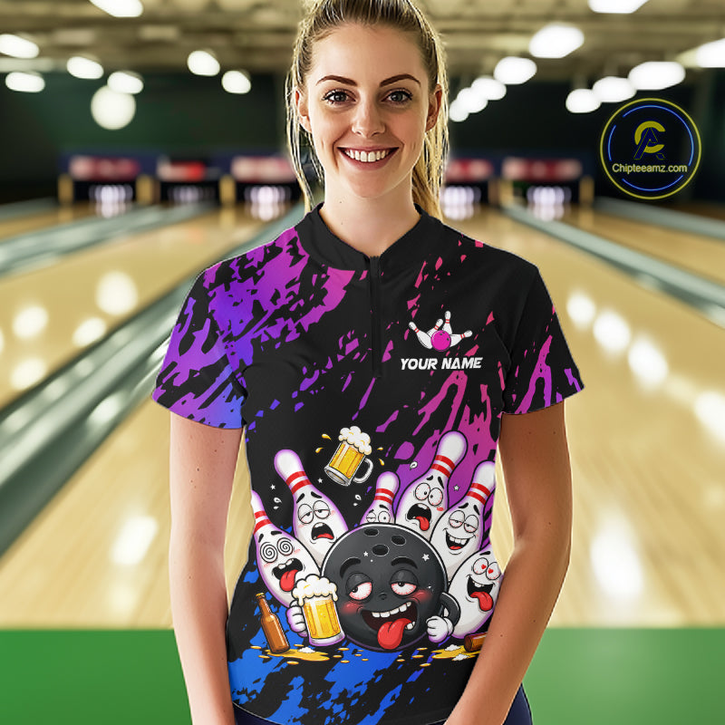Custom Blue Purple Drunk Bowling Balls And Pins Funny Bowling Shirts, Beer Bowling Jersey