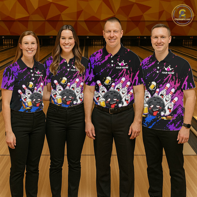 Custom Blue Purple Drunk Bowling Balls And Pins Funny Bowling Shirts, Beer Bowling Jersey