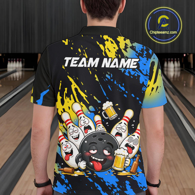 Custom Blue And Gold Drunk Bowling Balls And Pins Funny Bowling Shirt, Beer Bowling Jersey