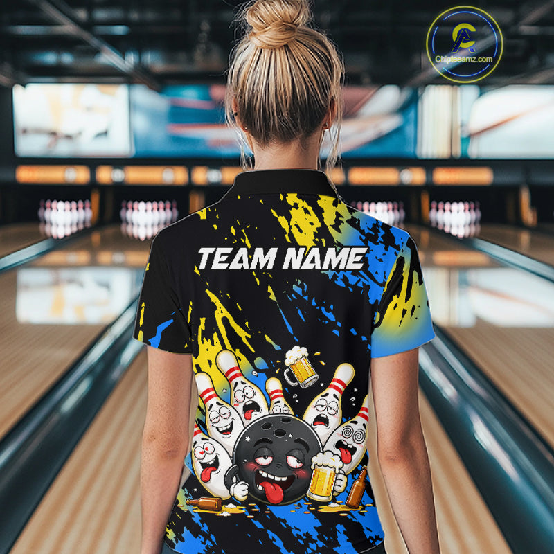Custom Blue And Gold Drunk Bowling Balls And Pins Funny Bowling Shirt, Beer Bowling Jersey