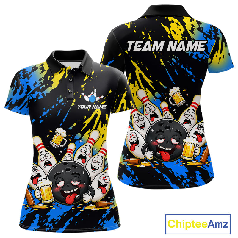 Custom Blue And Gold Drunk Bowling Balls And Pins Funny Bowling Shirt, Beer Bowling Jersey