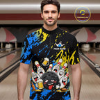 Custom Blue And Gold Drunk Bowling Balls And Pins Funny Bowling Shirt, Beer Bowling Jersey