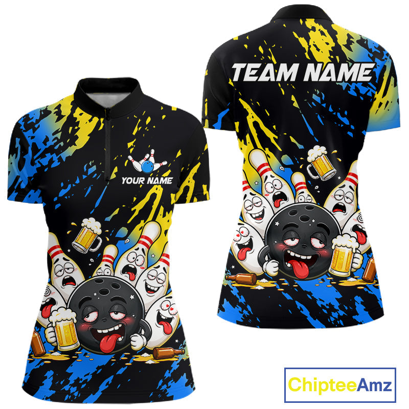 Custom Blue And Gold Drunk Bowling Balls And Pins Funny Bowling Shirt, Beer Bowling Jersey