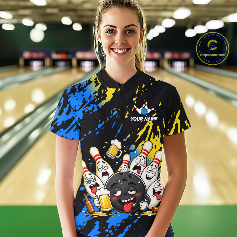 Custom Blue And Gold Drunk Bowling Balls And Pins Funny Bowling Shirt, Beer Bowling Jersey