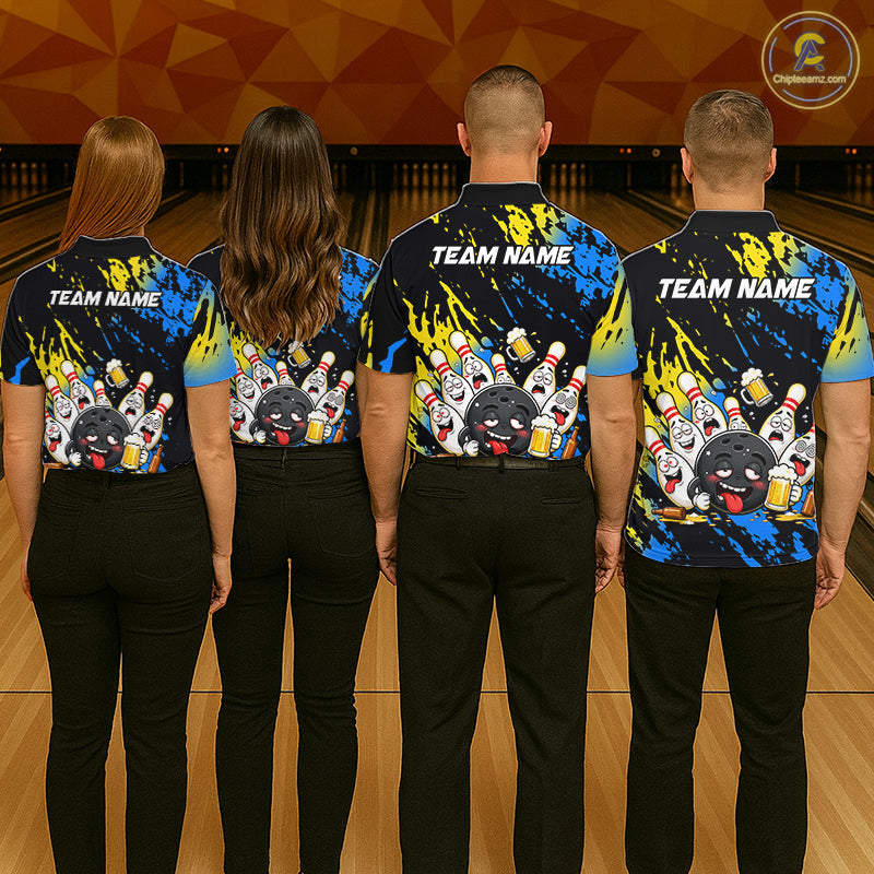 Custom Blue And Gold Drunk Bowling Balls And Pins Funny Bowling Shirt, Beer Bowling Jersey