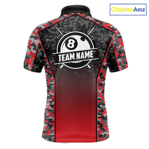 Red Camo 8 Ball Billiard Shirt Custom Pool Team Shirt, Billiard Jersey Polo & 1/4 Zip